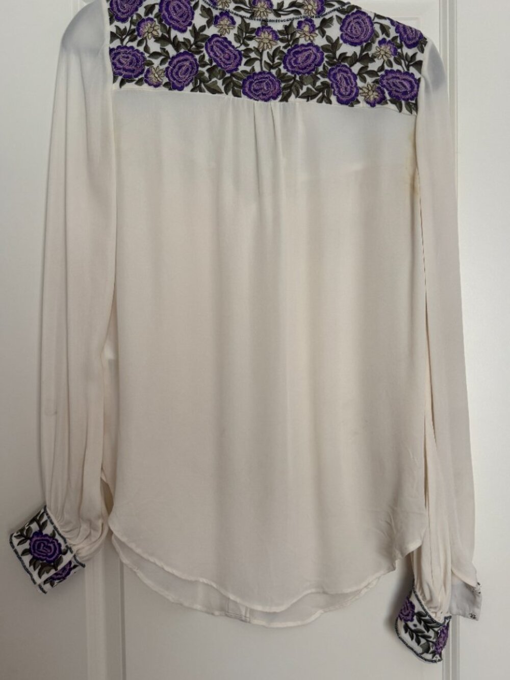 Haute Hippie Cream Purple Floral Embroidered Silk Blouse XS — As Is - Picture 7 of 14